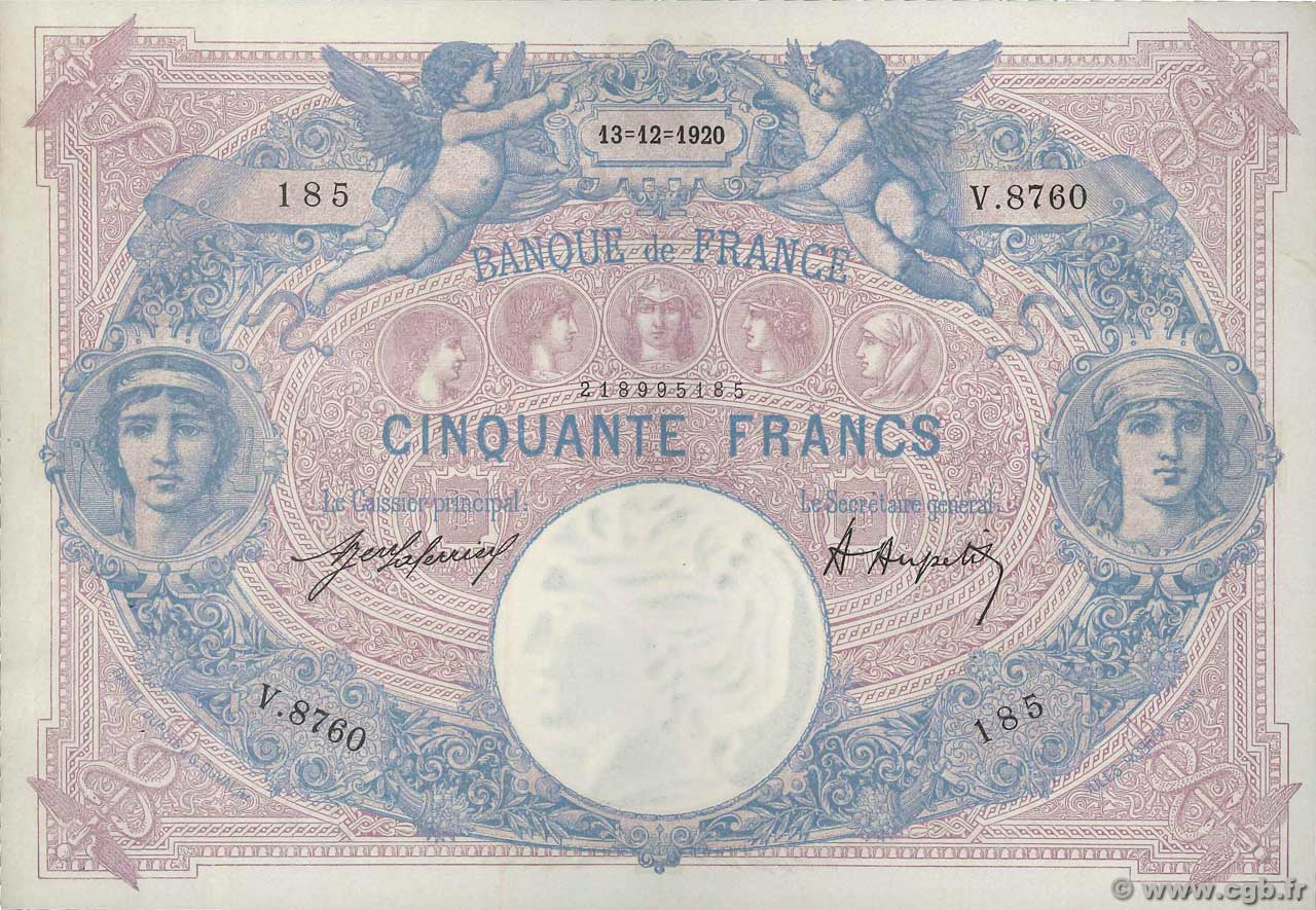 50 Francs BLEU ET ROSE FRANCIA  1920 F.14.33 SPL+