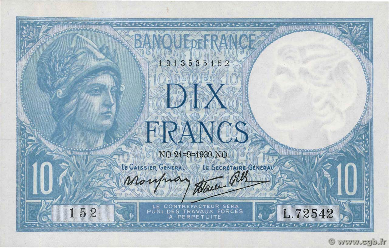 10 Francs MINERVE modifié FRANCE  1939 F.07.08 AU+