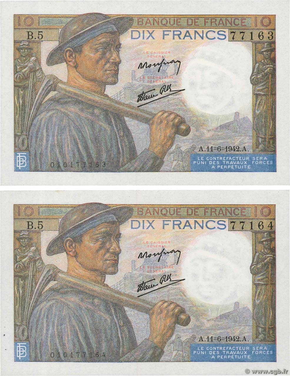 10 Francs MINEUR Consécutifs FRANCIA  1942 F.08.03 SC+