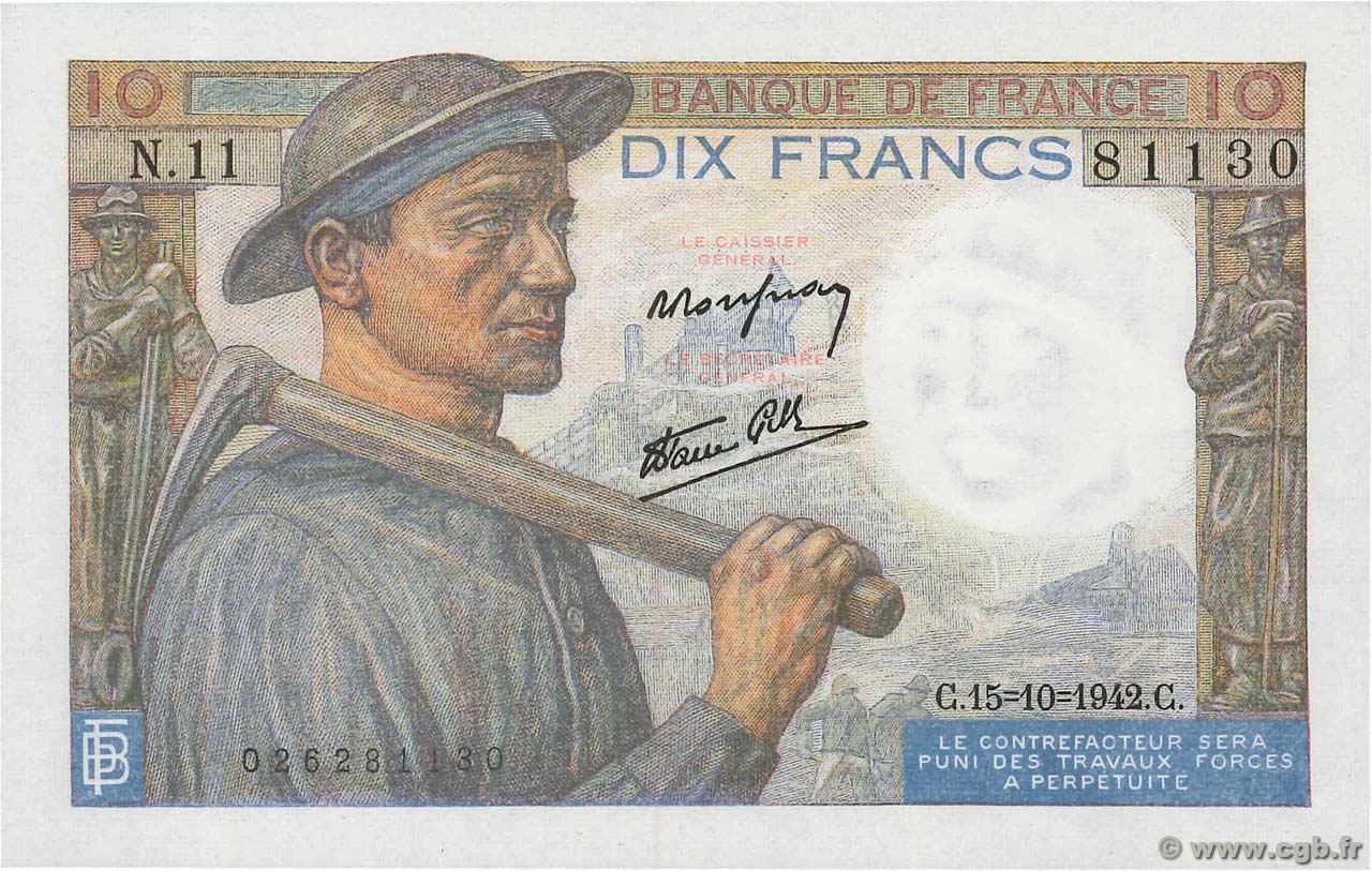 10 Francs MINEUR FRANCE  1942 F.08.04 pr.NEUF