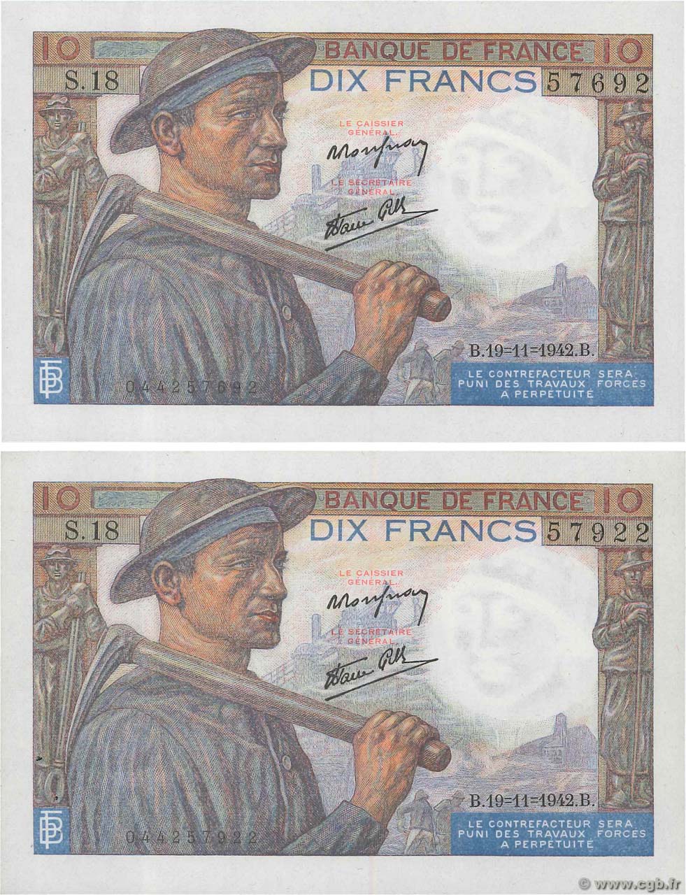 10 Francs MINEUR Lot FRANCIA  1942 F.08.05 AU