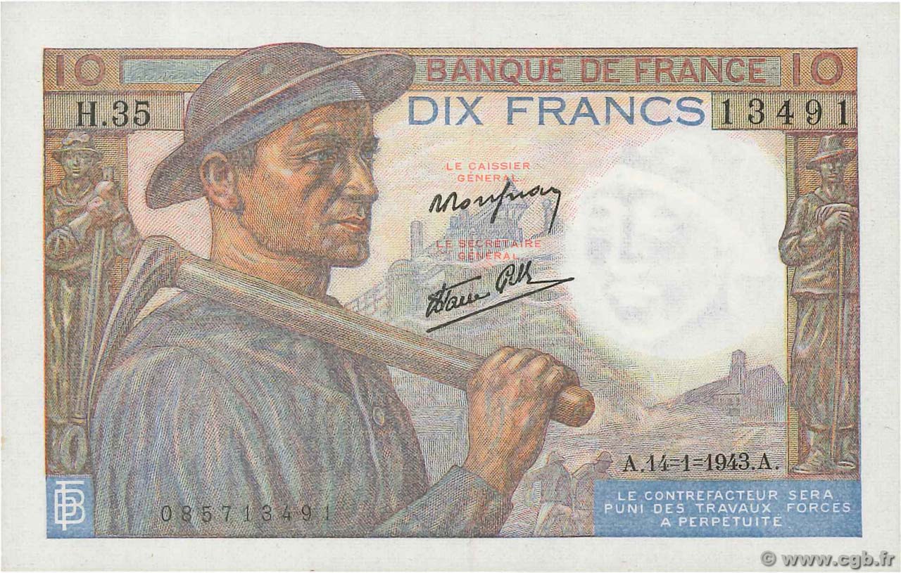 10 Francs MINEUR FRANCIA  1943 F.08.07 q.FDC