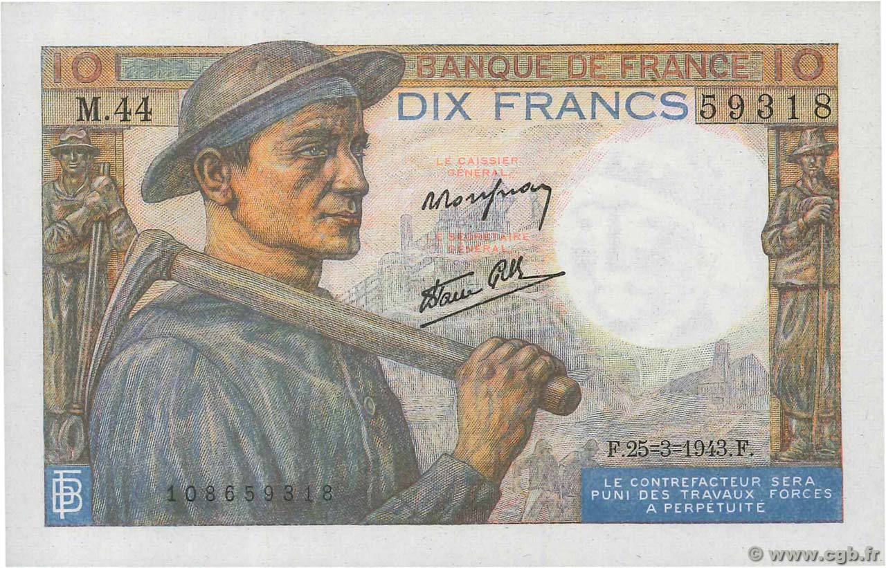 10 Francs MINEUR FRANKREICH  1943 F.08.08 ST