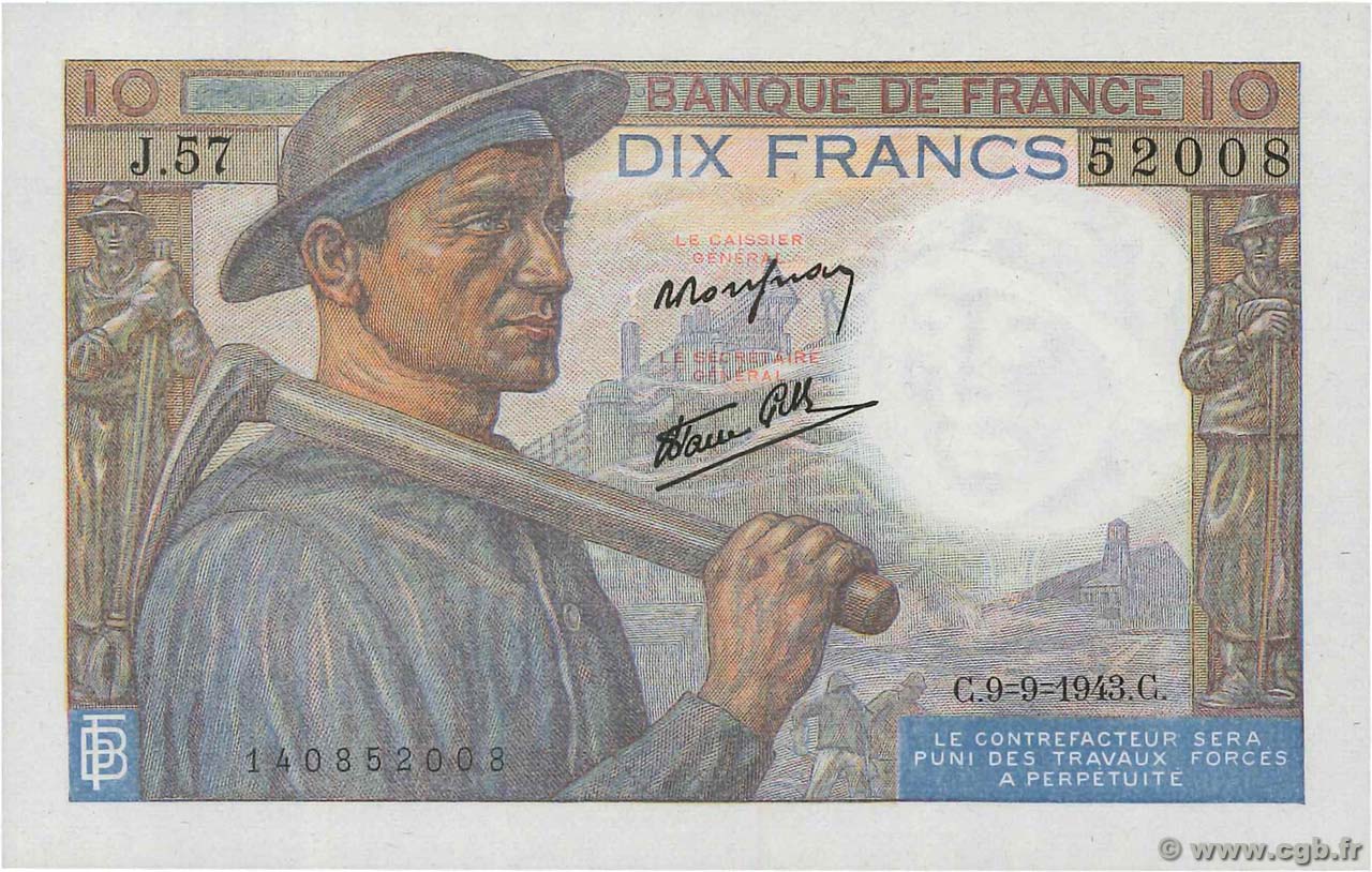 10 Francs MINEUR FRANCIA  1943 F.08.09 q.FDC