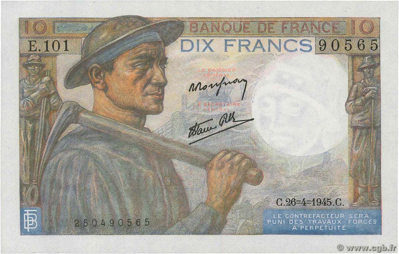 10 Francs MINEUR FRANCIA  1945 F.08.14 FDC
