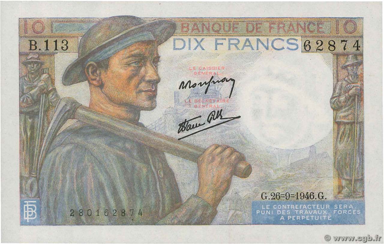 10 Francs MINEUR FRANCIA  1946 F.08.15 FDC
