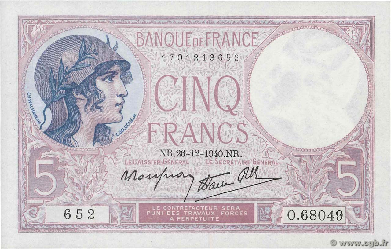 5 Francs FEMME CASQUÉE modifié FRANKREICH  1940 F.04.18 fST+