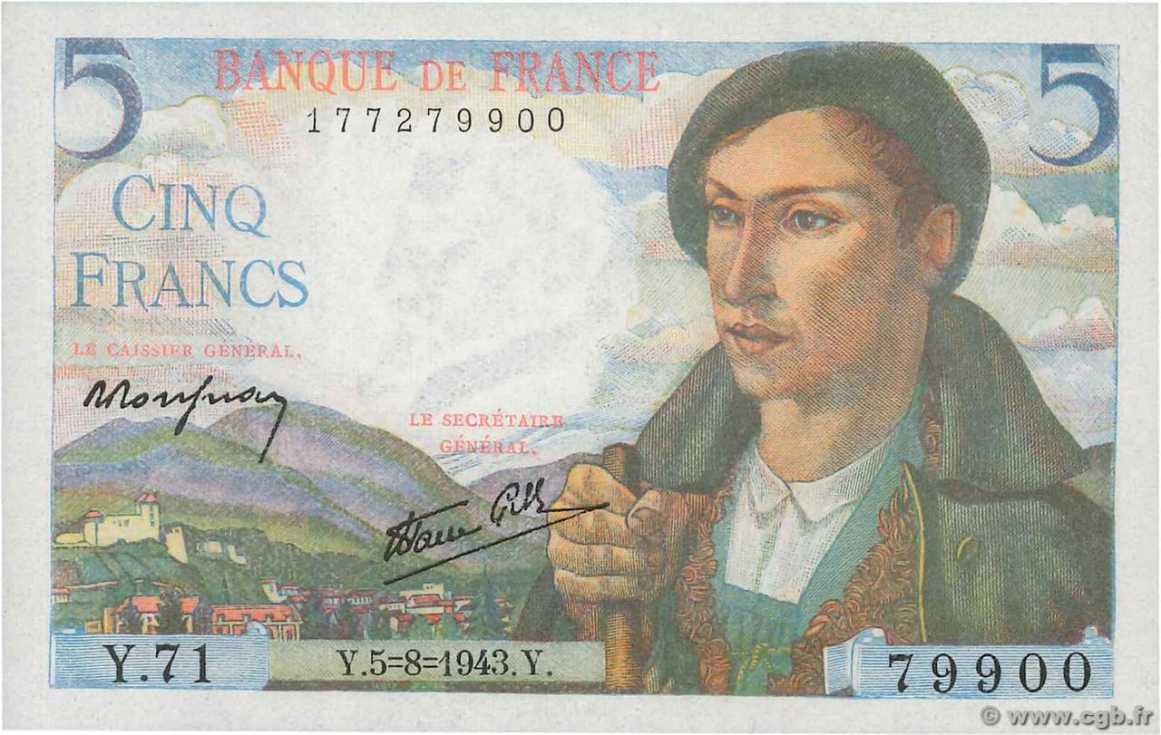 5 Francs BERGER FRANCE  1943 F.05.03 UNC-
