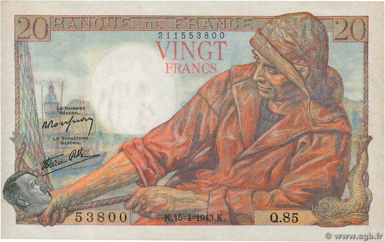 20 Francs PÊCHEUR FRANCE  1943 F.13.06 VF