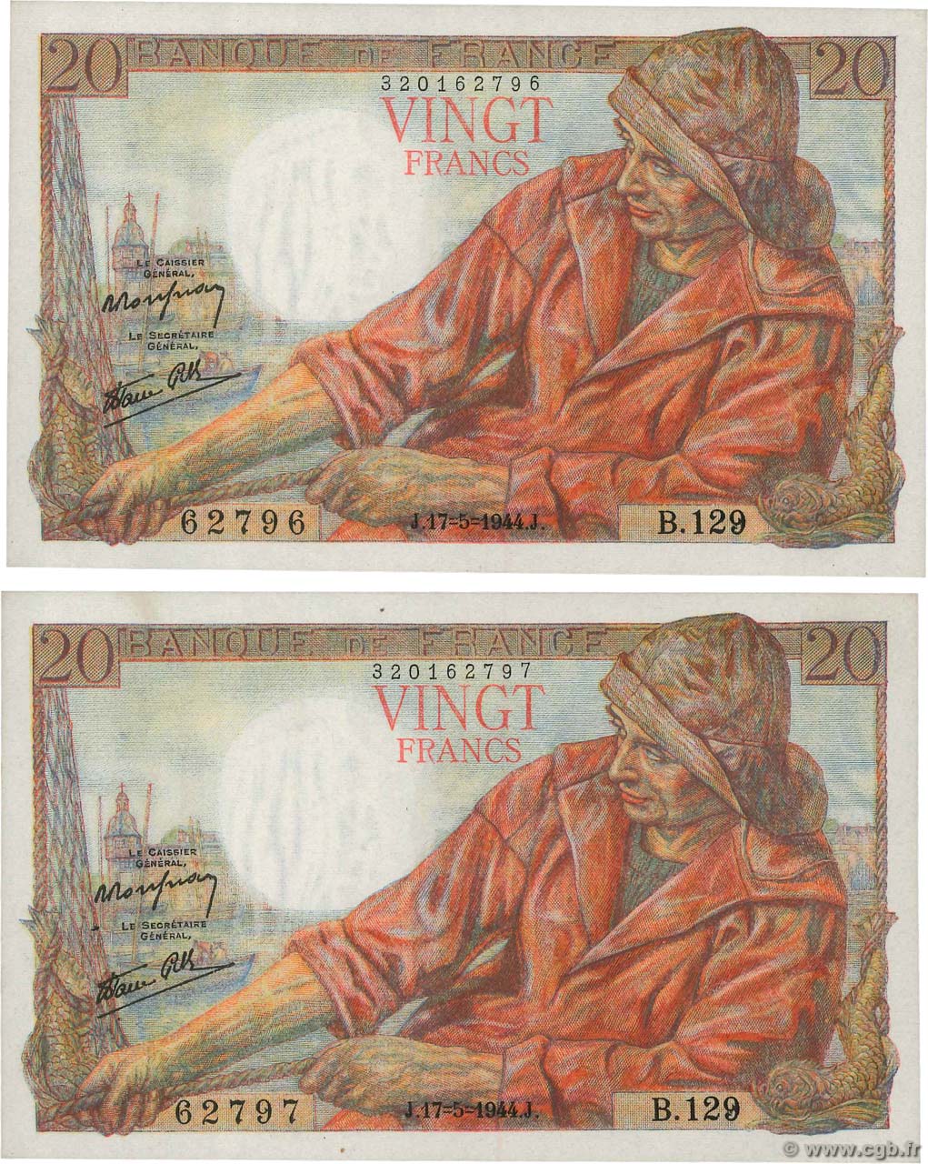 20 Francs PÊCHEUR Consécutifs FRANCE  1944 F.13.09 pr.NEUF