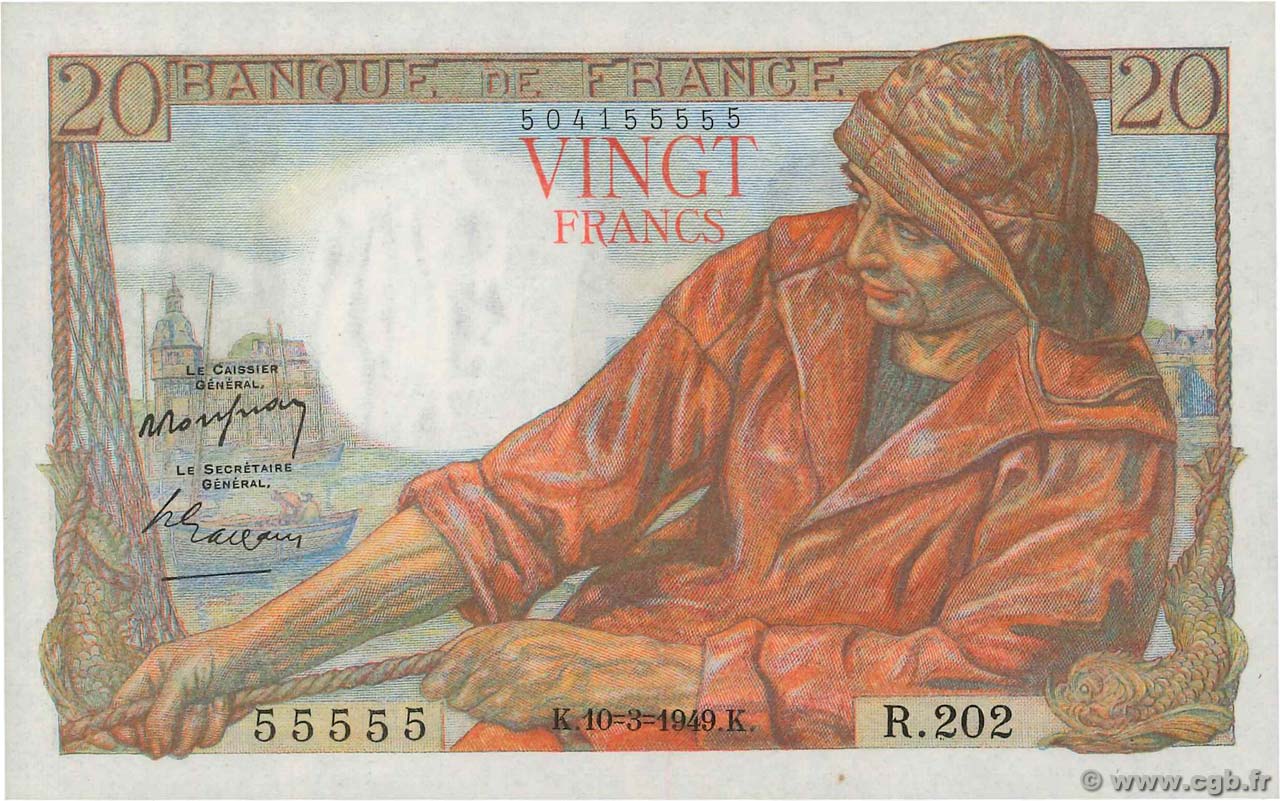 20 Francs PÊCHEUR Numéro spécial FRANCIA  1949 F.13.14 FDC
