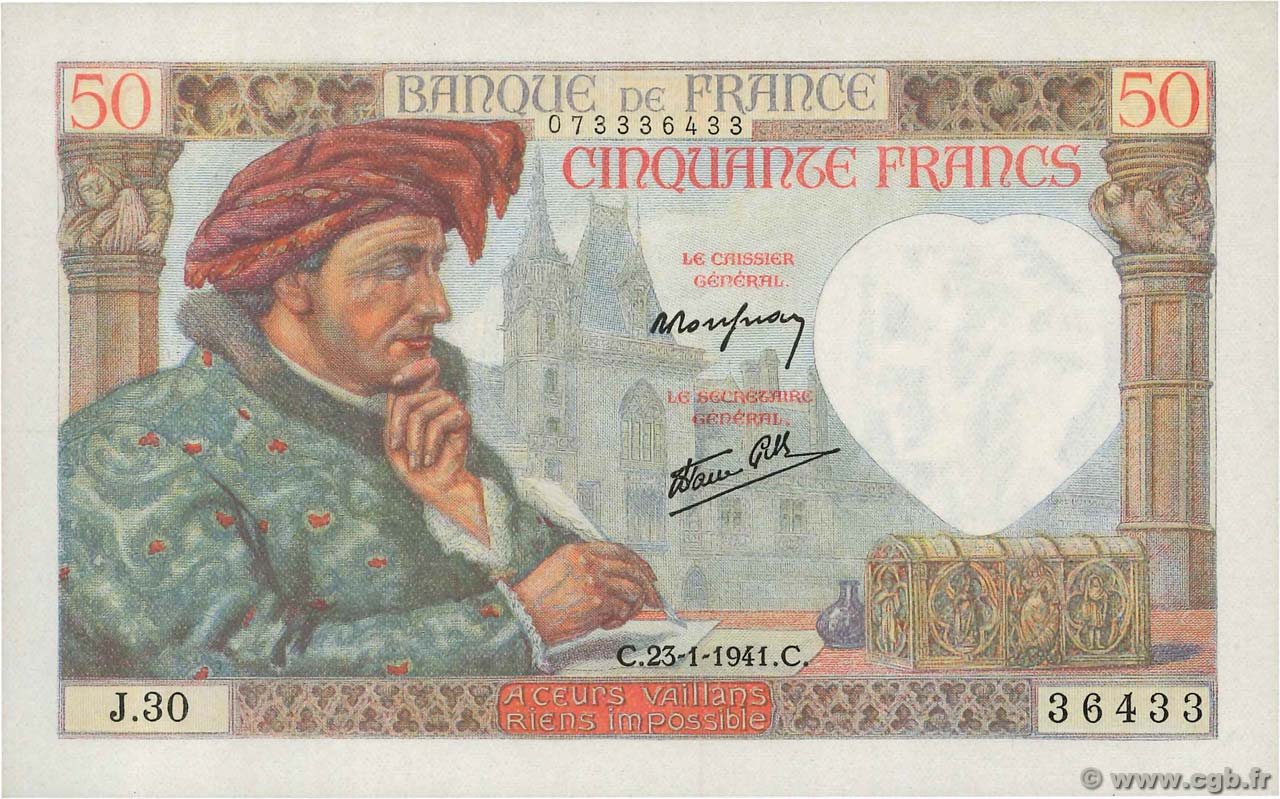 50 Francs JACQUES CŒUR FRANCIA  1941 F.19.05 SC+