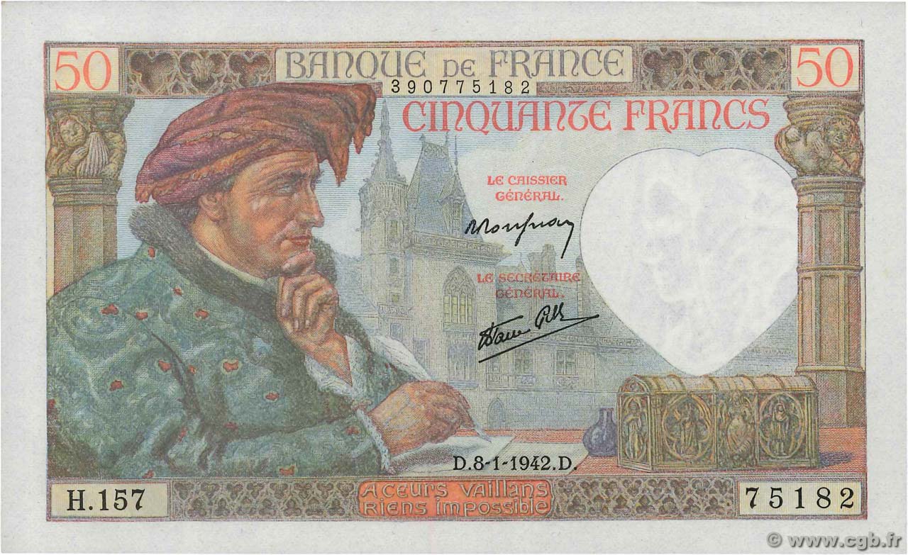 50 Francs JACQUES CŒUR FRANKREICH  1942 F.19.18 fST+