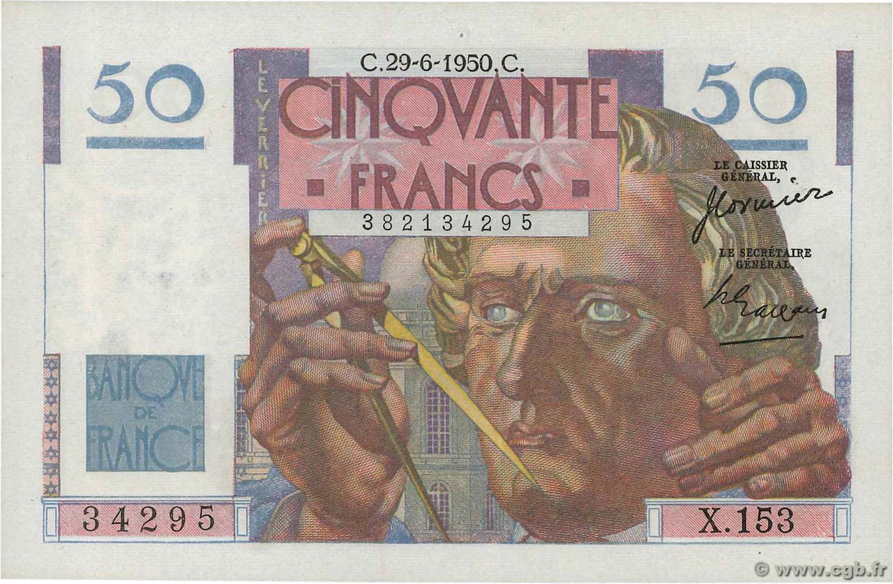 50 Francs LE VERRIER FRANKREICH  1950 F.20.15 fST+