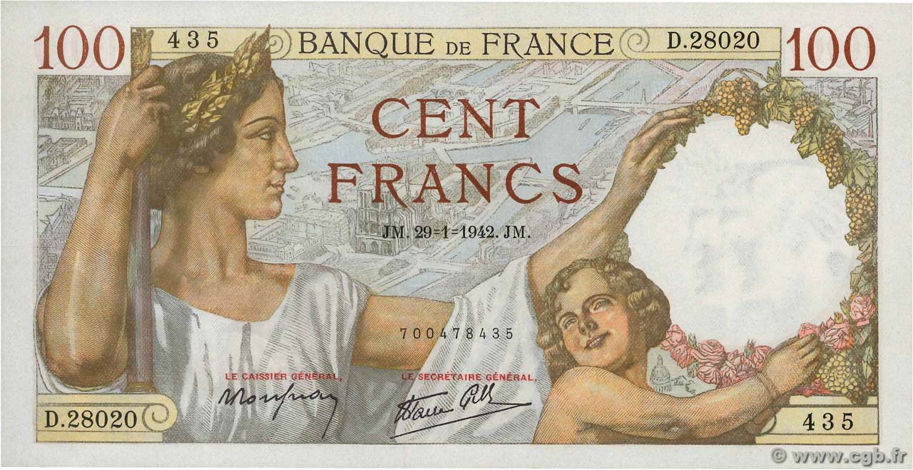 100 Francs SULLY FRANCE  1942 F.26.65 UNC
