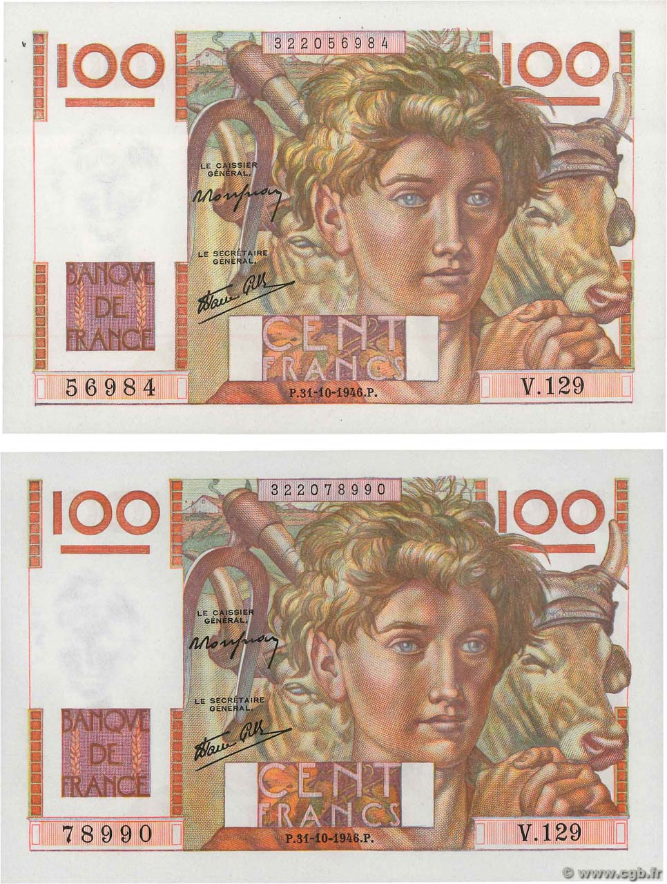 100 Francs JEUNE PAYSAN Lot FRANCE  1946 F.28.10 UNC