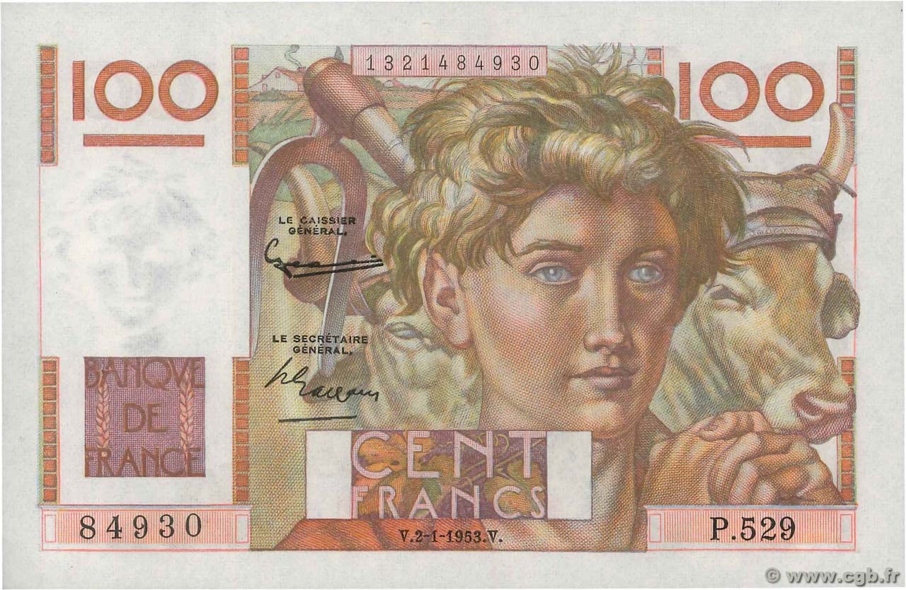100 Francs JEUNE PAYSAN FRANCE  1953 F.28.35 UNC