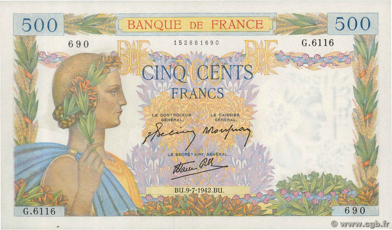 500 Francs LA PAIX Numéro radar FRANCE  1942 F.32.36 pr.NEUF