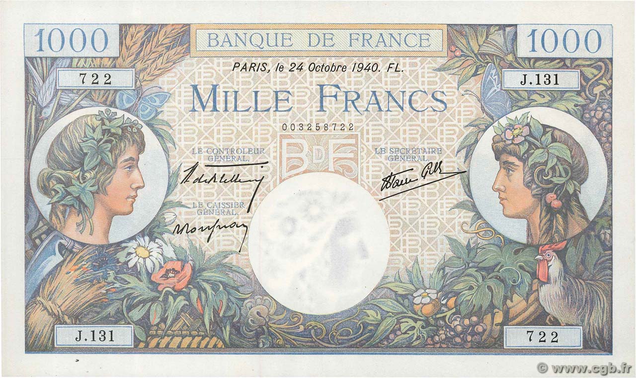 1000 Francs COMMERCE ET INDUSTRIE FRANCE  1940 F.39.01 SPL