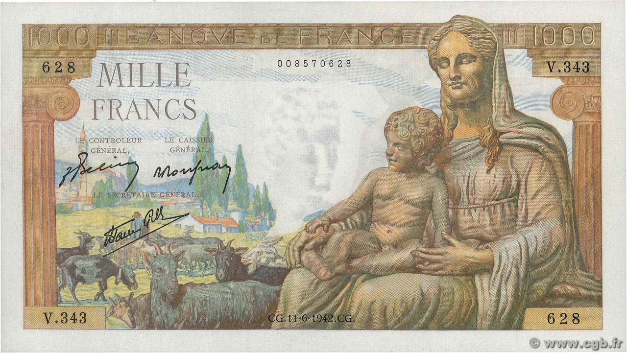 1000 Francs DÉESSE DÉMÉTER FRANKREICH  1942 F.40.02 fST+