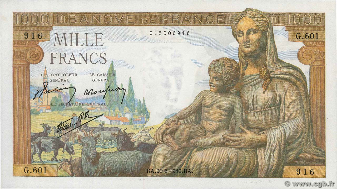 1000 Francs DÉESSE DÉMÉTER FRANCE  1942 F.40.03 UNC-