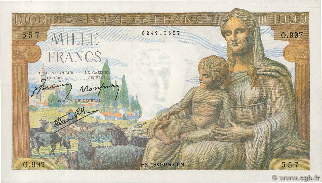 1000 Francs DÉESSE DÉMÉTER FRANCE  1942 F.40.04 AU