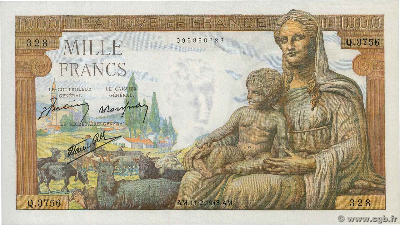 1000 Francs DÉESSE DÉMÉTER FRANCE  1943 F.40.18 pr.NEUF