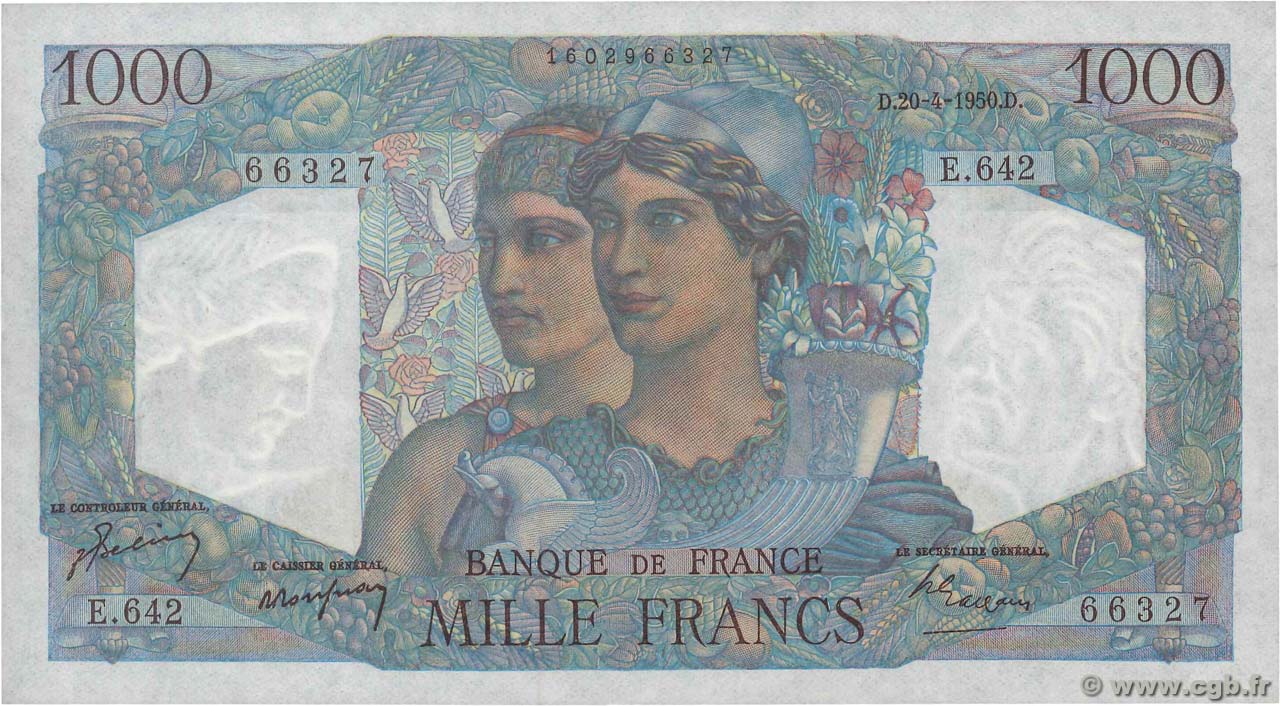 1000 Francs MINERVE ET HERCULE FRANCIA  1950 F.41.32 q.AU