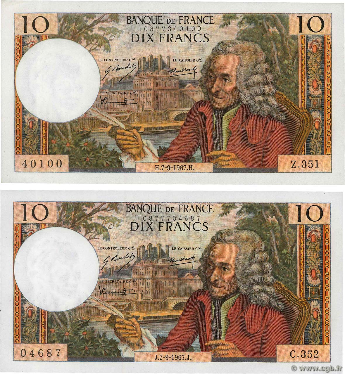 10 Francs VOLTAIRE Lot FRANCE  1967 F.62.28 UNC-