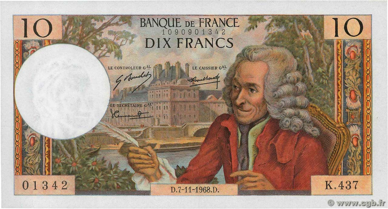 10 Francs VOLTAIRE FRANCIA  1968 F.62.35 FDC