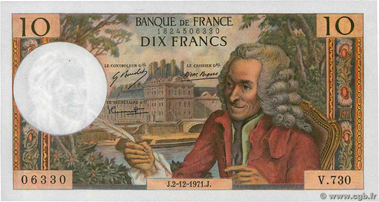 10 Francs VOLTAIRE FRANCIA  1971 F.62.53 FDC