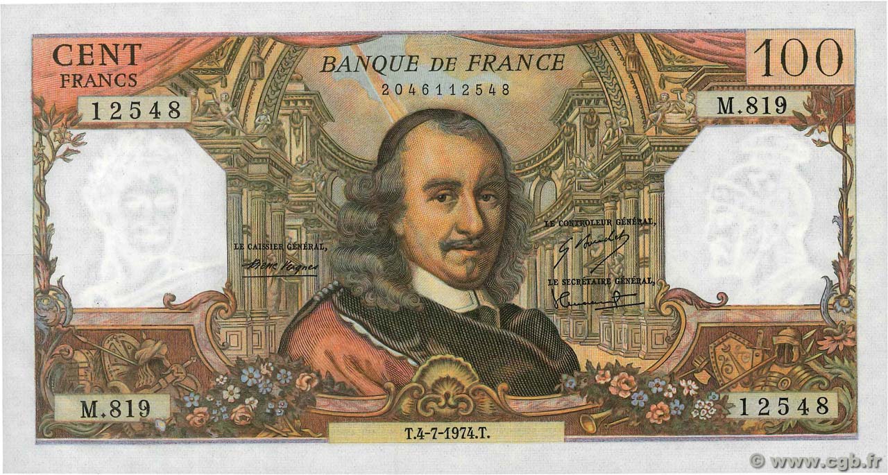 100 Francs CORNEILLE FRANCIA  1974 F.65.46 q.FDC