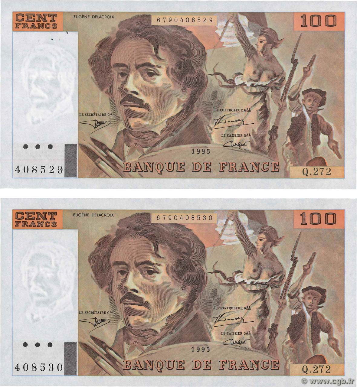 100 Francs DELACROIX 442-1 & 442-2 Consécutifs FRANCIA  1995 F.69ter.02b SC+
