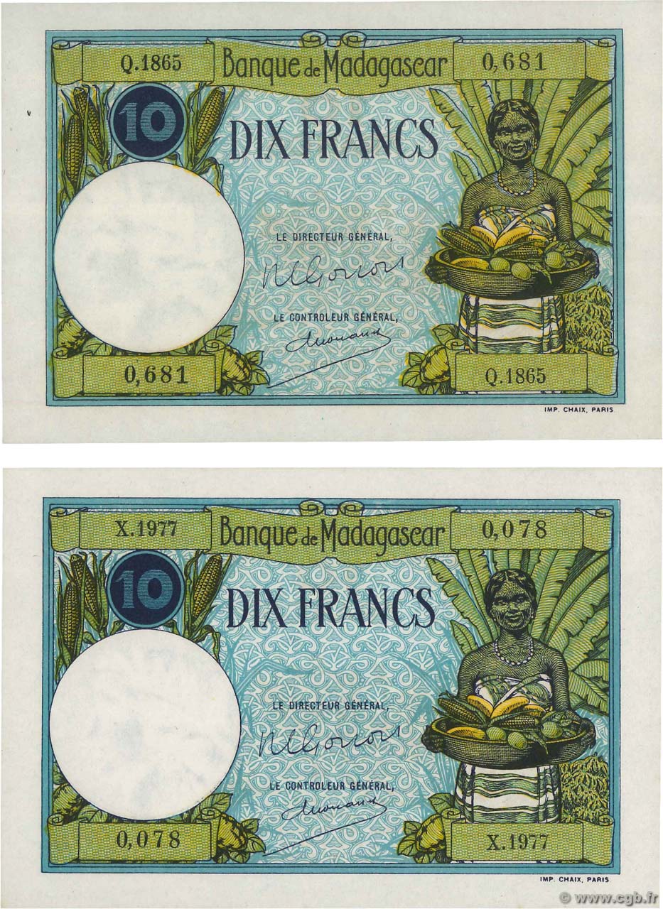 10 Francs Lot MADAGASCAR  1948 P.036 NEUF