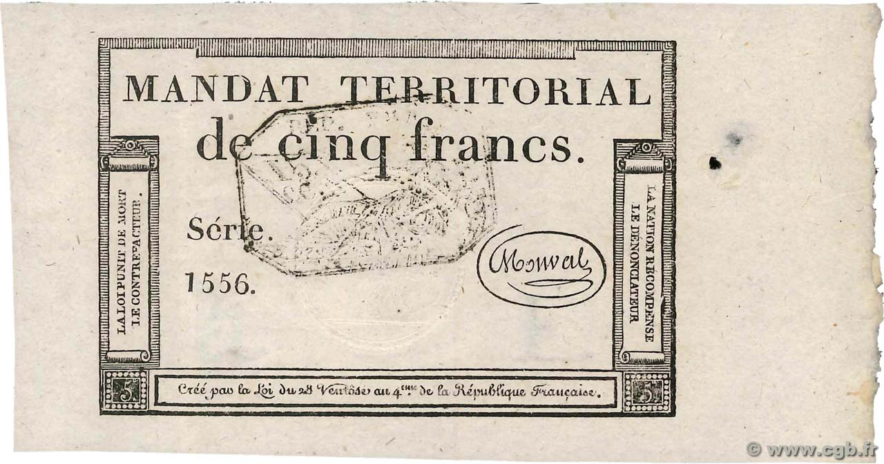 5 Francs Monval cachet noir FRANCE  1796 Ass.63b AU