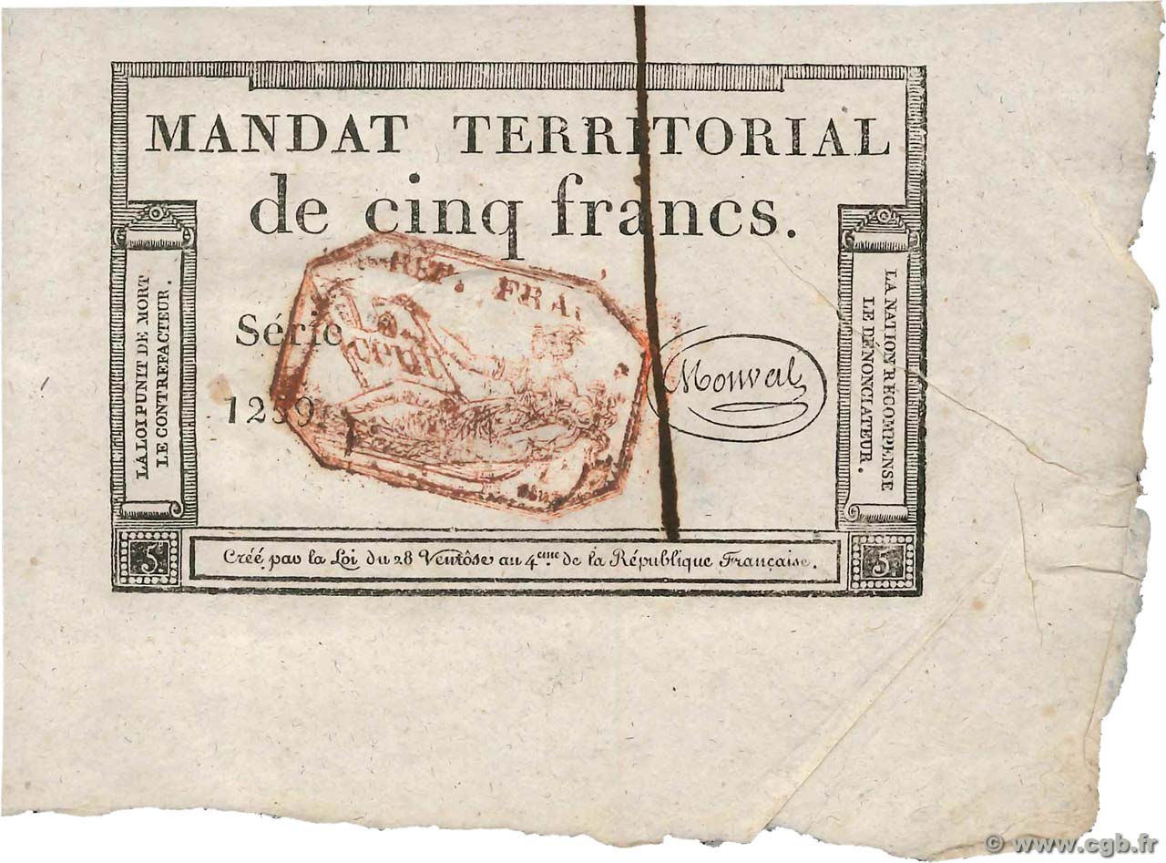 5 Francs Monval cachet rouge FRANCE  1796 Ass.63c AU
