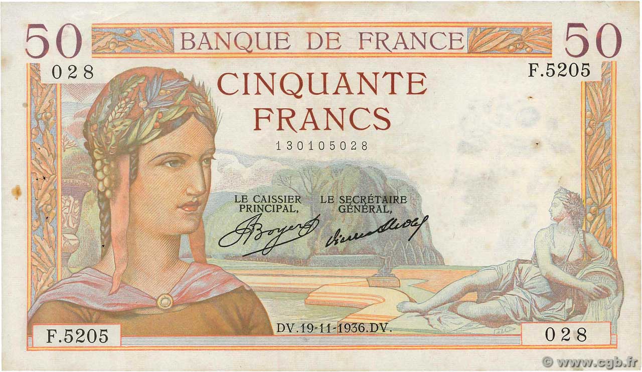 50 Francs CÉRÈS FRANCE  1936 F.17.31 TTB