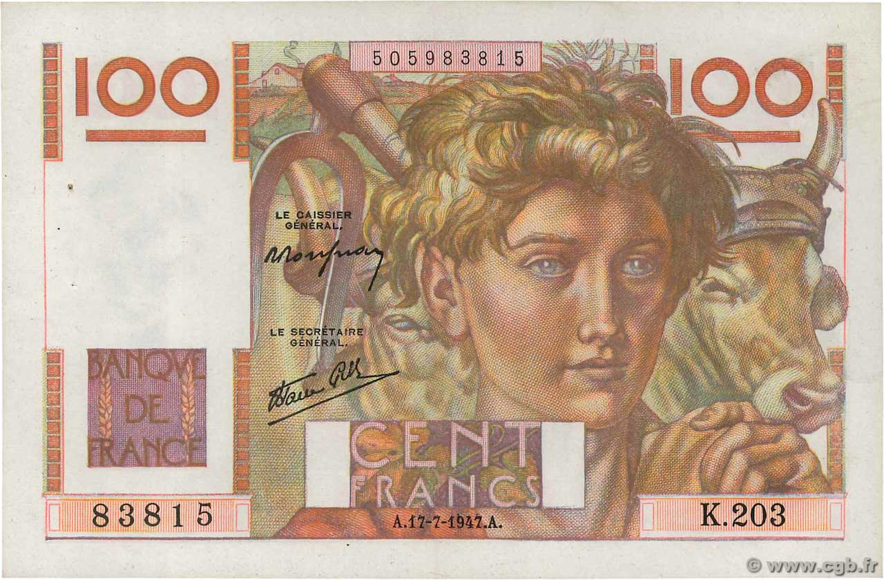 100 Francs JEUNE PAYSAN Favre-Gilly FRANCIA  1947 F.28ter.01 EBC+