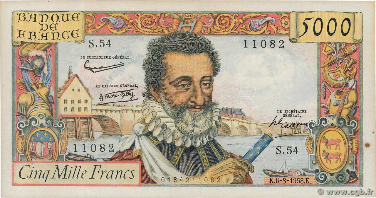 5000 Francs HENRI IV FRANCE  1958 F.49.06 TTB+