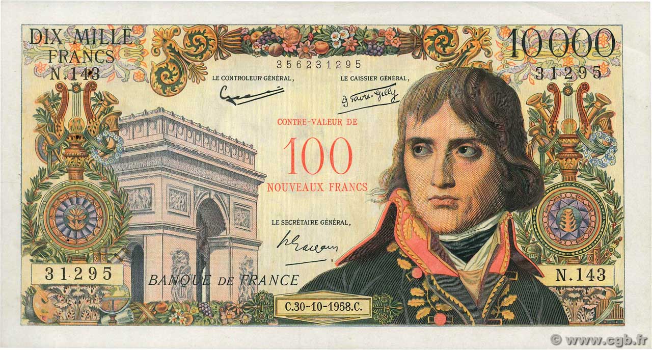 100 NF sur 10000 Francs BONAPARTE FRANCE  1958 F.55.01 pr.SUP