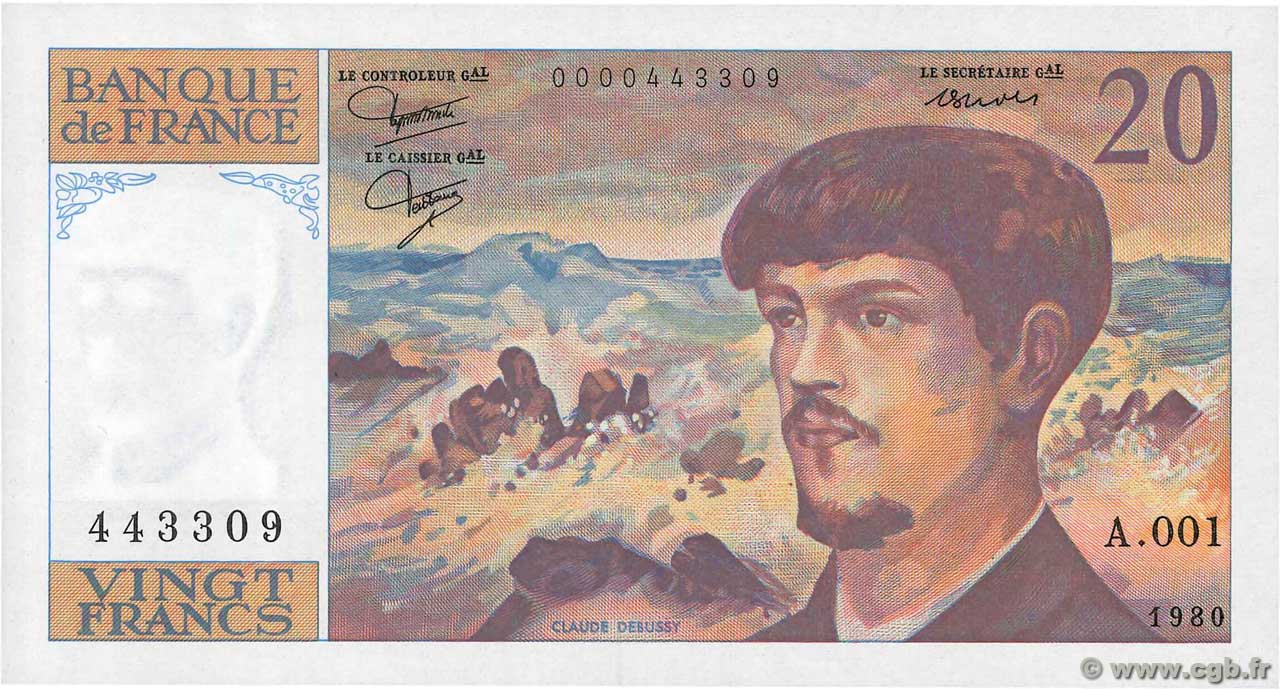 20 Francs DEBUSSY Petit numéro FRANCE  1980 F.66.01A1 UNC-