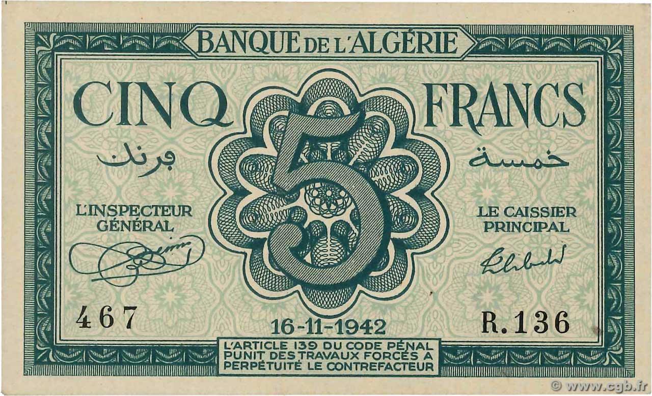 5 Francs ALGERIA  1942 P.091 AU