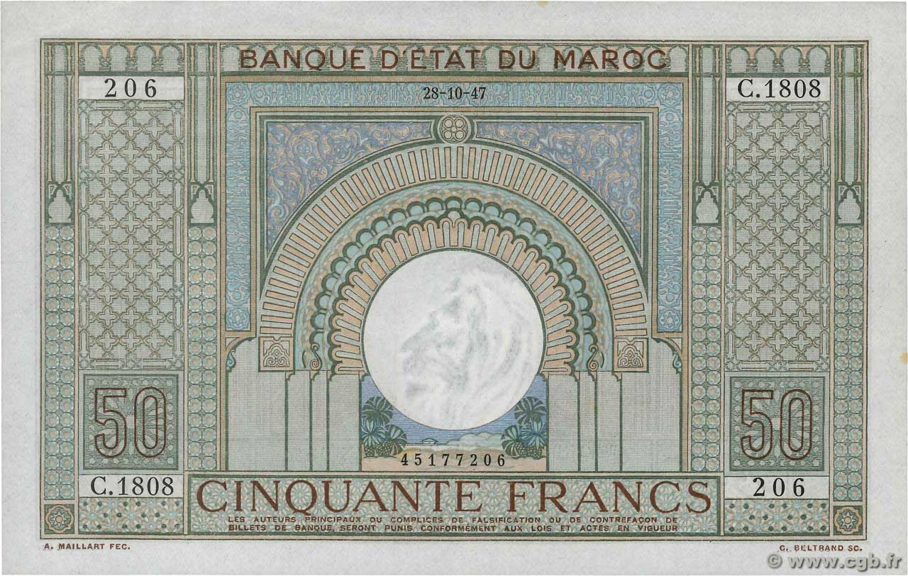 50 Francs MOROCCO  1947 P.21 XF