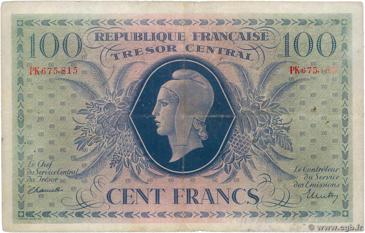 100 Francs MARIANNE FRANCE  1943 VF.06.01d TB