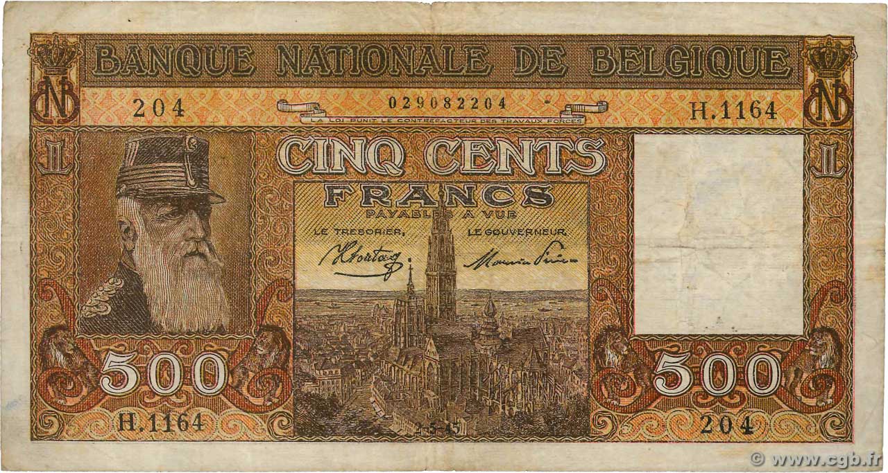 500 Francs BELGIQUE  1945 P.127a TB