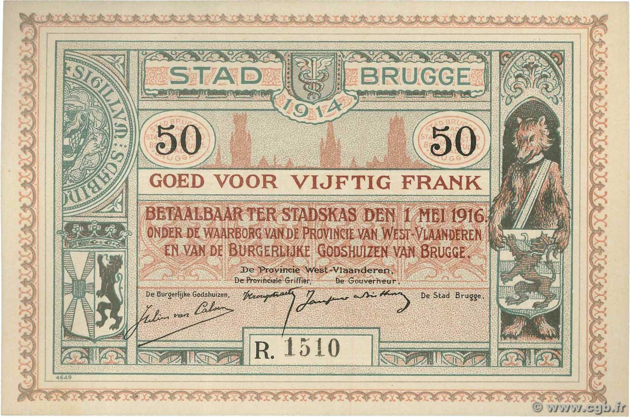 50 Francs BELGIEN Brugge - Bruges 1914 P.- fST+