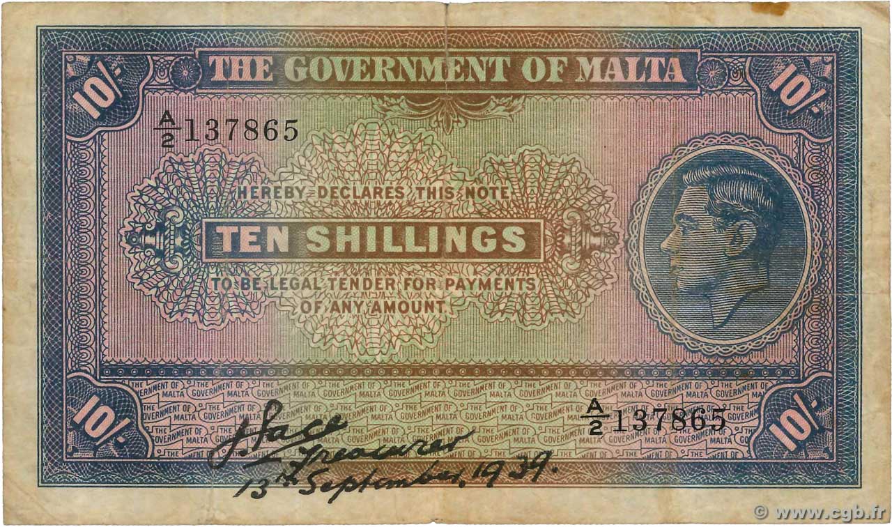 10 Shillings MALTE  1939 P.13 TB