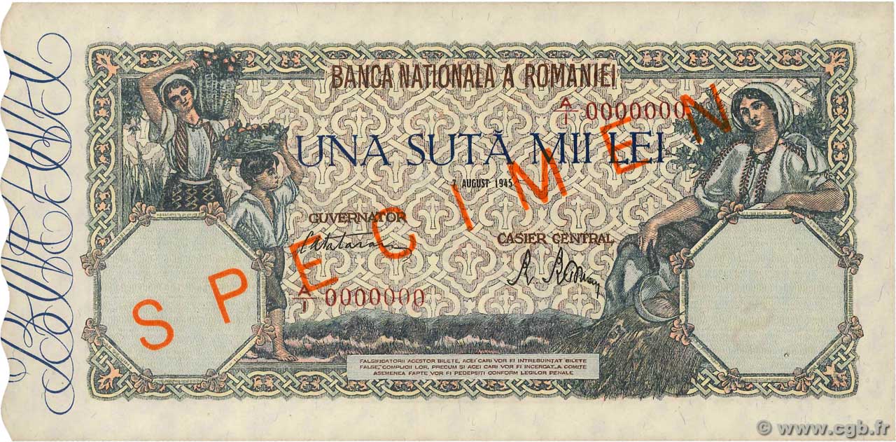 100000 Lei Spécimen ROMANIA  1945 P.058s q.FDC