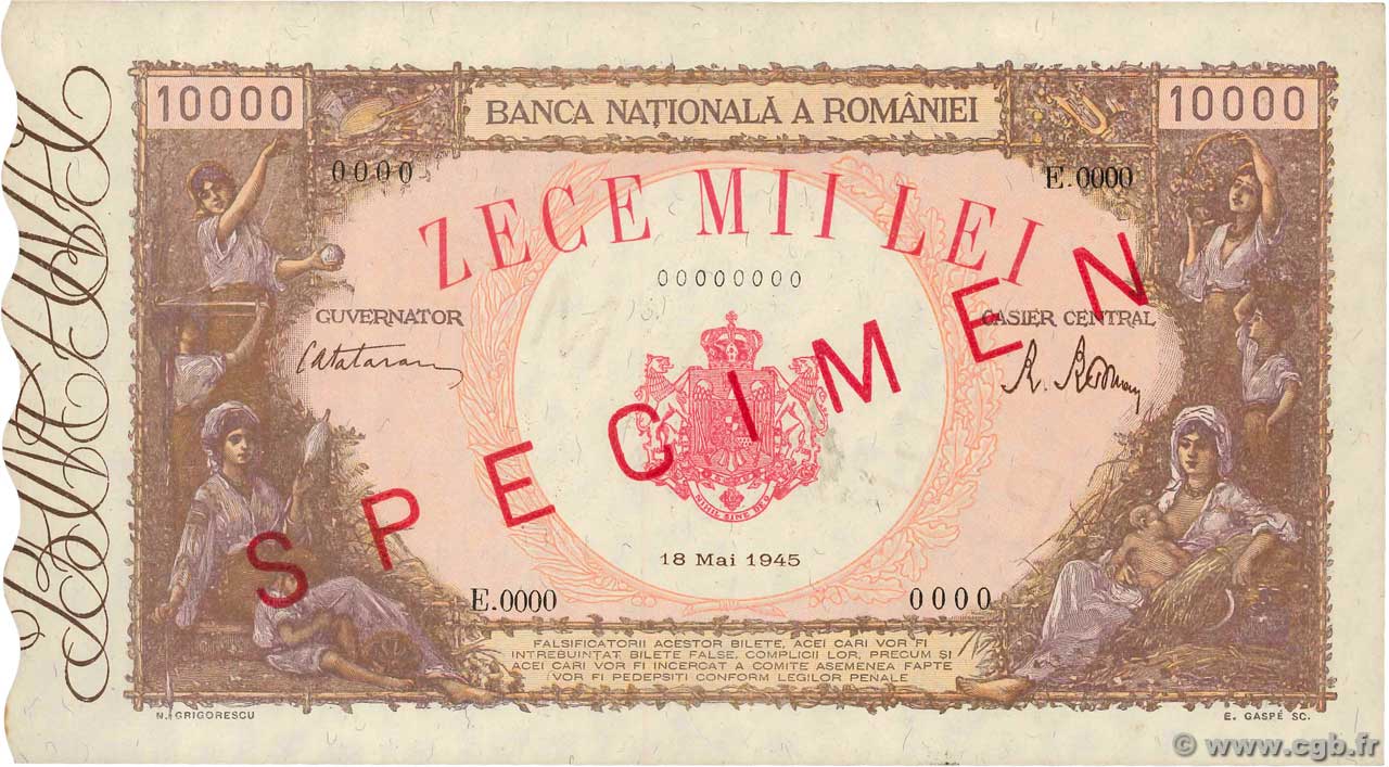 10000 Lei Spécimen RUMÄNIEN  1945 P.057s VZ+