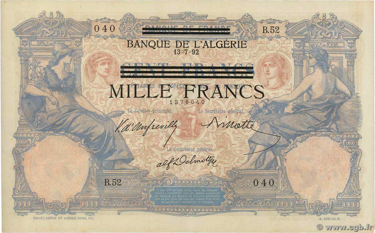 1000 Francs sur 100 Francs TUNISIA  1892 P.31 AU-